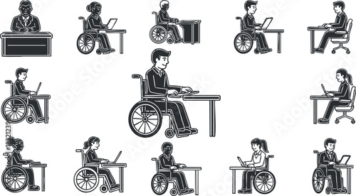 A collection of diverse individuals in wheelchairs working at desks with laptops in black and white outline vector style, suitable for workplace inclusion themes
