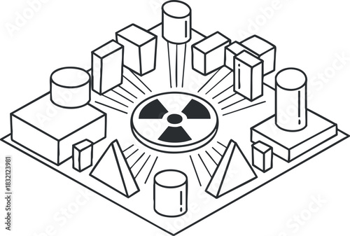 An isometric illustration of a nuclear radiation symbol surrounded by geometric shapes in black and white outline style, ideal for safety and environmental themes