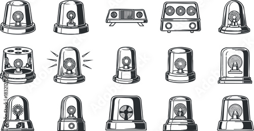 A collection of various emergency sirens and lights in black and white vector style, suitable for safety and alert graphics