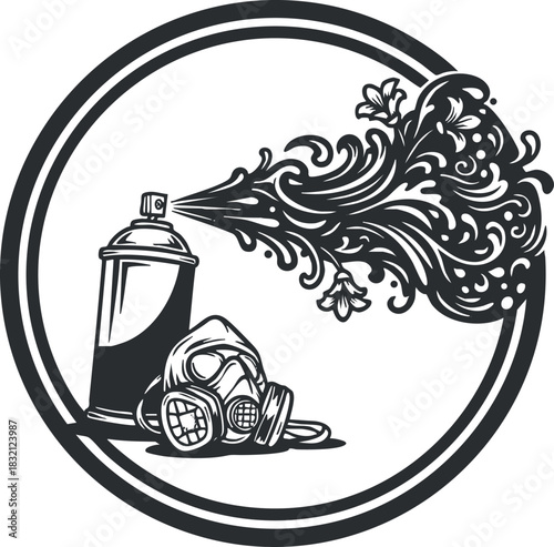 A spray paint can with a gas mask and swirling paint effects in black and white modern vector style, ideal for urban art projects