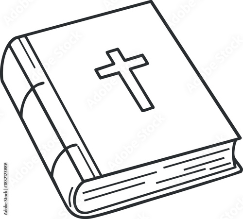 A simple outline illustration of a closed book with a cross on the cover in minimalist vector style, suitable for religious themes and educational materials