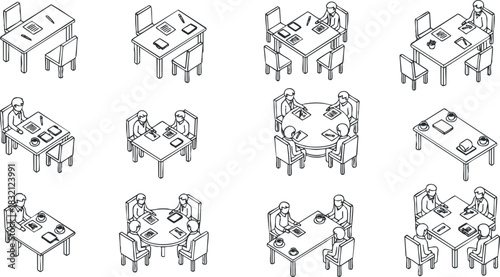 A collection of outline vector illustrations depicting various office meeting scenarios with tables and people engaged in discussions, ideal for business and teamwork themes
