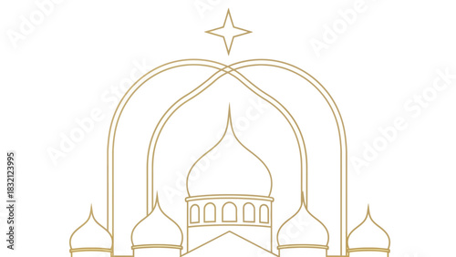 Stylized golden outline drawing of a domed building with arches and a star, resembling a mosque or cathedral.