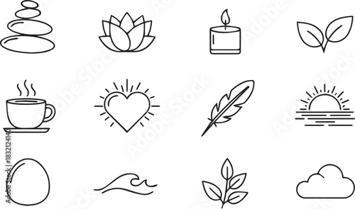 Collection of wellness and relaxation icons in minimalist style.
