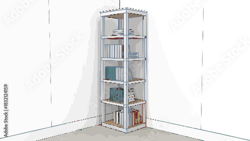 Stylish corner bookcase with books for modern home storage, a perfect addition to any living space, library or study, offering organization and visual appeal