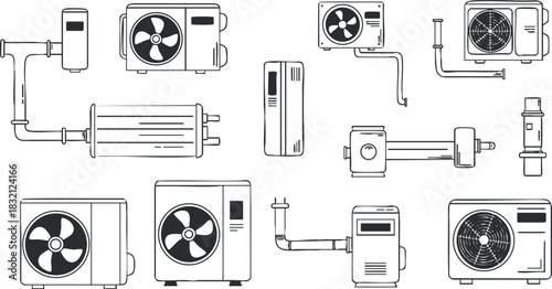 A collection of air conditioning and heating equipment in black and white outline vector style, suitable for HVAC service branding