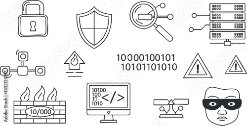 A collection of cybersecurity icons including a padlock, shield, data patterns, and warning symbols in black line vector style, ideal for tech and security themes