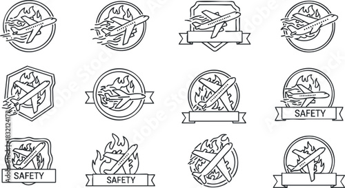 A collection of safety icons featuring airplanes and fire symbols in minimalist outline vector style, suitable for aviation safety design