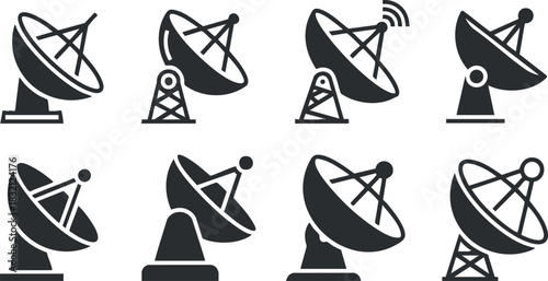 A collection of satellite dishes and antennas in black and white vector style, perfect for technology and communication projects