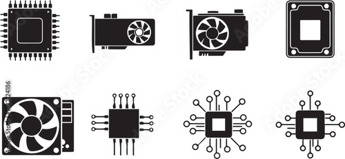 Computer Hardware Components Processors Graphics Cards and Cooling Fan.