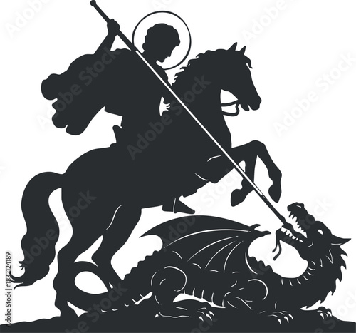 A silhouette of a saint on a horse slaying a dragon in black vector style, ideal for fantasy-themed artwork and illustrations