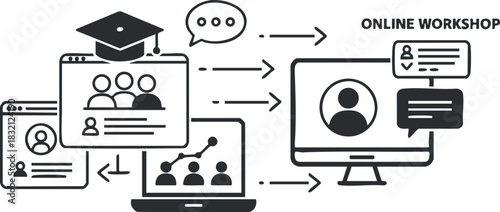 A conceptual illustration of an online workshop with laptops, chat bubbles, and user icons in a modern black and white vector style, suitable for educational and tech-related projects