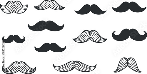 A collection of various mustache designs in black and white vector style, perfect for barber shops and grooming themes
