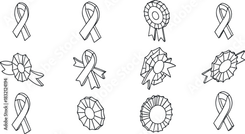 A collection of various ribbon and award designs in black and white outline vector style, suitable for event branding and recognition purposes