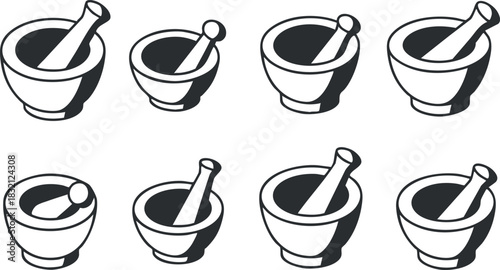 A set of mortar and pestle icons in black and white minimalist vector style, suitable for culinary and kitchen design