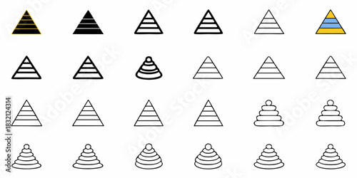 Collection of stacked pyramid and cone shapes in various styles and colors