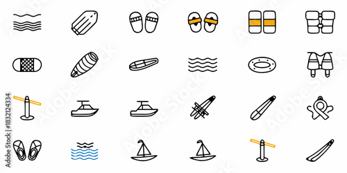 Collection of water sport and beach activity icons in a simple line art style