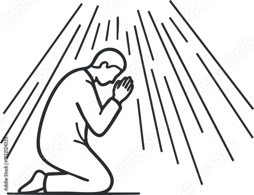 A person kneeling in prayer with hands clasped, depicted in minimalist outline vector style, suitable for spiritual themes and religious contexts