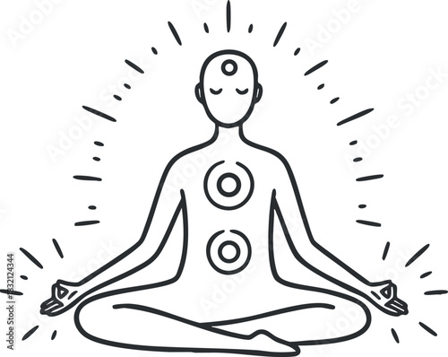 A seated figure in a meditative pose with chakra symbols in outline vector style, ideal for wellness and mindfulness themes