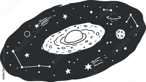 A stylized illustration of a galaxy with stars, planets, and constellations in black and white vector style, suitable for cosmic-themed projects