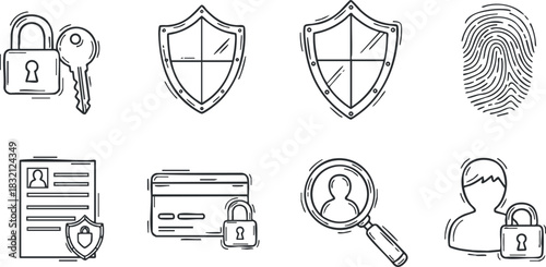 A set of security icons including locks, shields, fingerprint, and user profiles in minimalist outline vector style, suitable for digital safety applications