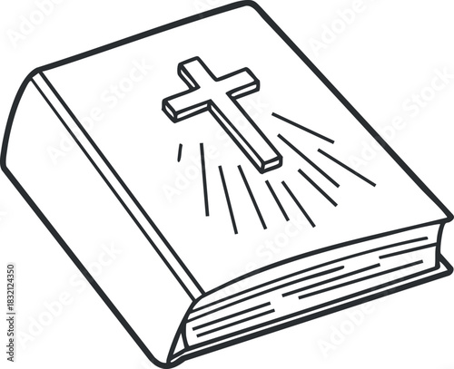 A book with a cross symbol on the cover in minimalist line art vector style, suitable for religious themes and spirituality projects