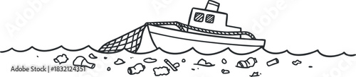 A fishing boat surrounded by trash in the ocean, illustrated in black and white line art style, suitable for environmental awareness projects