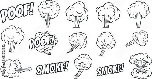 A collection of cartoon smoke clouds with 'POOF!' and 'SMOKE!' text in black and white comic style, perfect for graphic design and creative projects