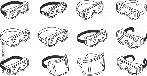 A collection of various goggles in black and white outline vector style, suitable for sports, safety, and outdoor activities