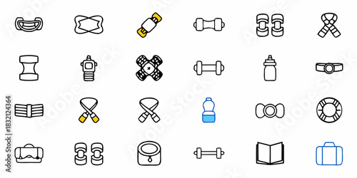 Collection of fitness and sports equipment icons in a simple line art style