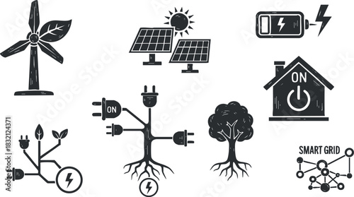 A collection of renewable energy icons including wind turbines, solar panels, trees, and battery symbols in black and white vector style, ideal for eco-friendly projects and technology designs