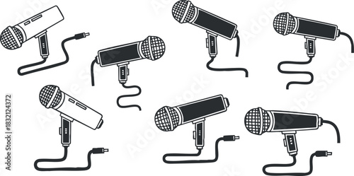 A collection of six microphones in black and white vector style, perfect for music and sound-related projects