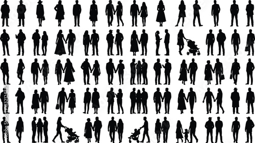 Huge set of black vector silhouettes showing walking couples, families with strollers, and business men and women standing together.