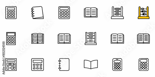 Collection of hand drawn icons representing calculators books and abacus for education and finance