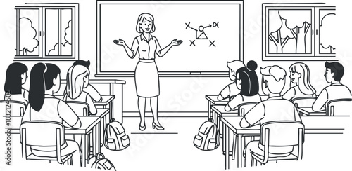 A teacher presenting in a classroom with students engaged in a black and white outline vector style, ideal for educational materials