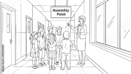A teacher directing a group of children at an assembly point in black and white outline vector style, suitable for educational materials