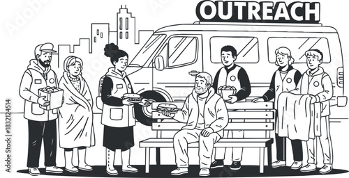 A group of volunteers providing outreach services, with a food van and community members in black and white vector style, ideal for social service campaigns