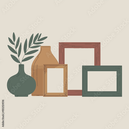 Still life arrangement of decorative empty picture frames and a vase with a plant vector illustration