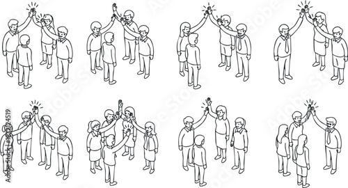 A collection of people celebrating achievements with high fives in outline vector style, suitable for teamwork and collaboration themes