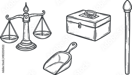A collection of scales, toolbox, scoop, and stick in black and white outline vector style, suitable for legal and professional themes