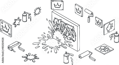 A graffiti art scene featuring spray paint cans, paint splatters, and a canvas in minimalist outline vector style, ideal for urban art projects