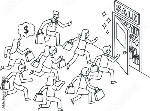 A group of excited shoppers running towards a store with a sale sign in black and white line art vector style, perfect for retail marketing