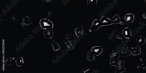 Collection of abstract, glossy, dark, irregular shapes with sharp highlights and reflections scattered across a black background, suggesting a futuristic or alien substance
