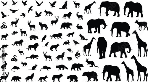 Huge set of black vector silhouettes including wild animals like elephant giraffe lion bear deer and birds.