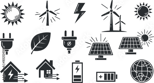 A collection of renewable energy icons featuring solar panels, wind turbines, batteries, and eco symbols in black and white vector style, suitable for environmental projects