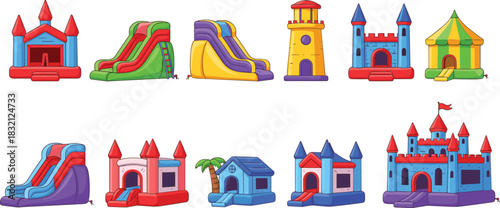 Set of colorful vector inflatable bouncy castles and slides for kids playground, amusement park and birthday party.