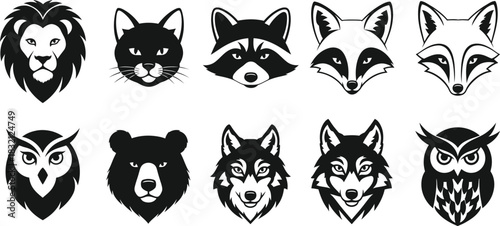 Animal head silhouettes lion cat raccoon fox owl bear wolf