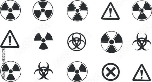 A collection of warning and hazard symbols including biohazard, radioactive, and caution signs in flat black and white vector style, suitable for safety and environmental designs