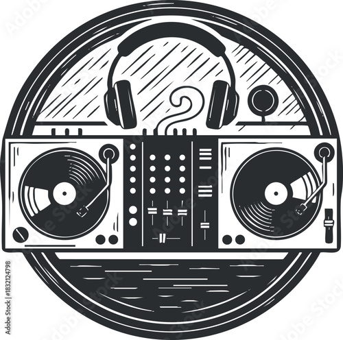 A vintage DJ turntable setup with headphones and audio equipment in black and white illustration style, ideal for music-related branding