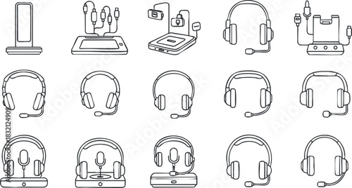 A set of various headphone and headset designs in black outline minimalist vector style, suitable for tech-related projects and branding